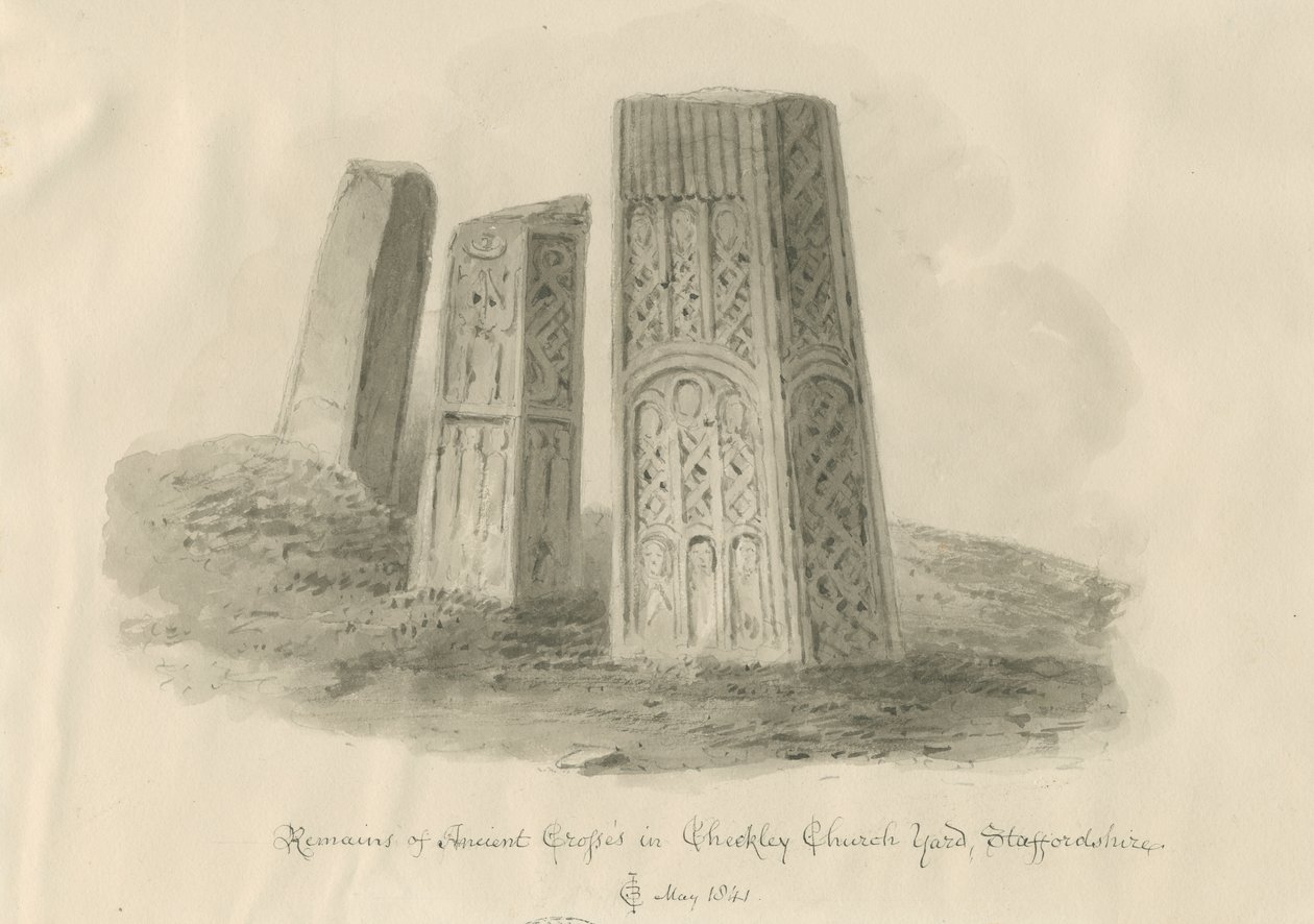 Checkley Kerk - Oude Kruisen: sepia tekening door John Chessell Buckler