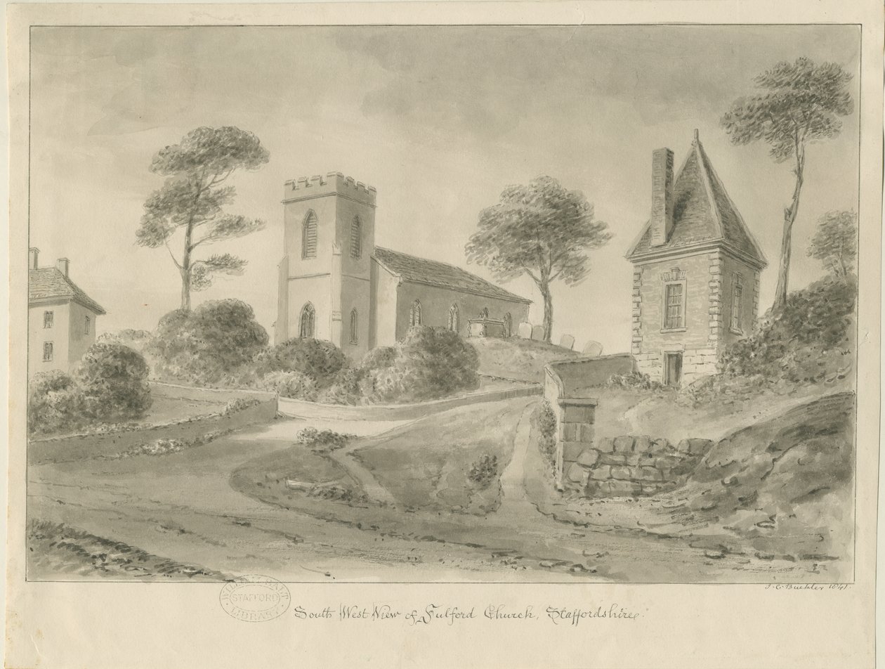 Fulford Kerk: sepia tekening door John Chessell Buckler