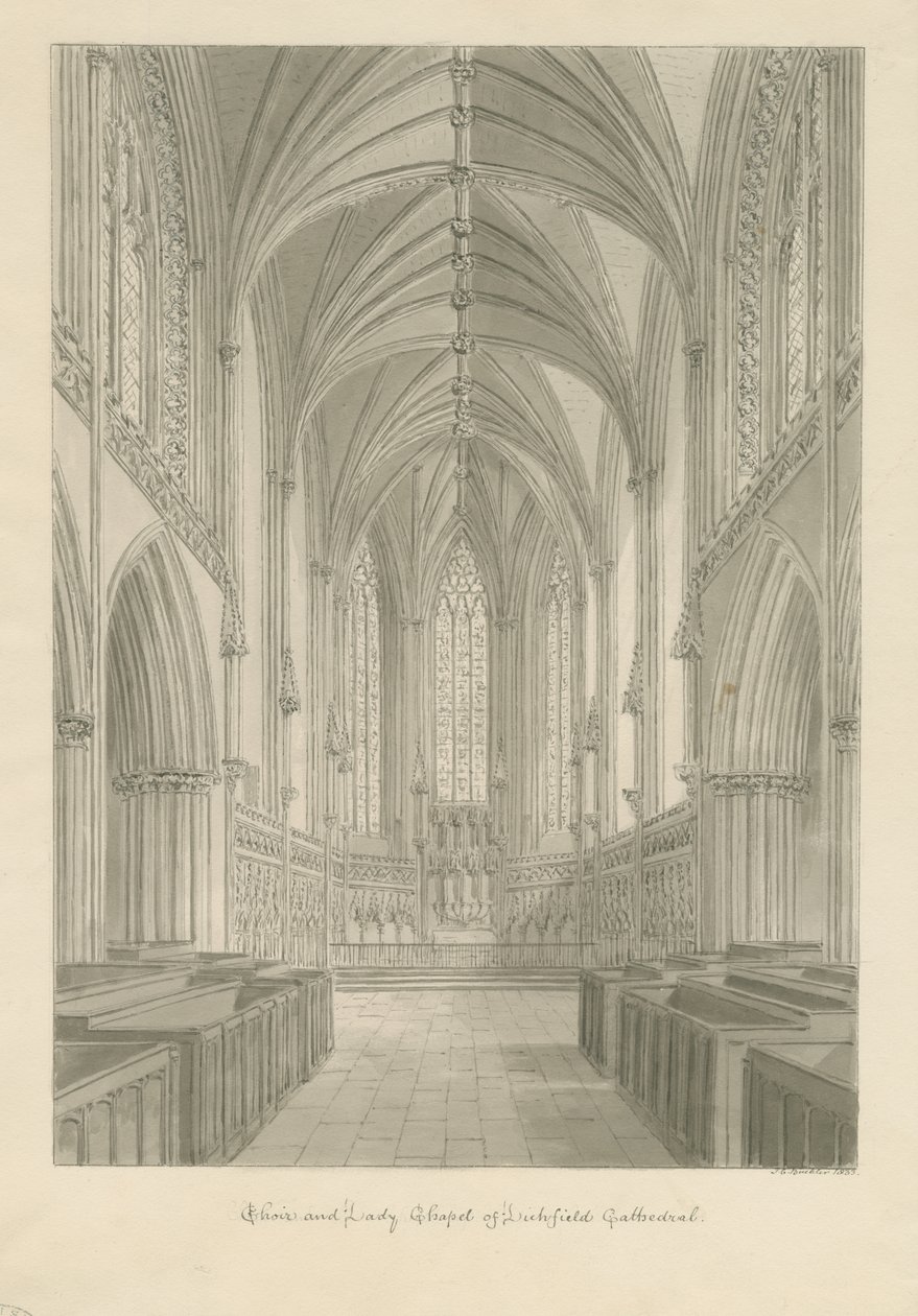 Interieur van Lichfield Kathedraal - Koor en Mariakapel door John Chessell Buckler