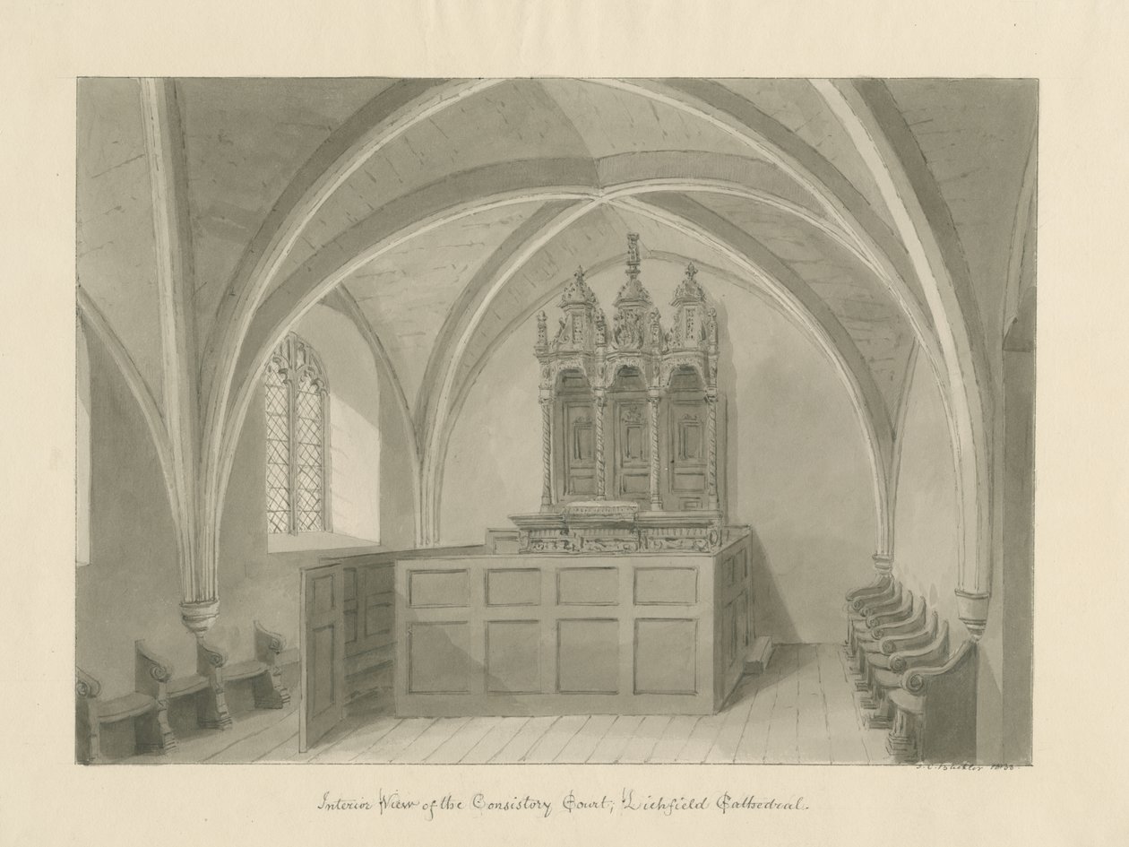 Interieur van Lichfield Kathedraal - Consistoriehof door John Chessell Buckler