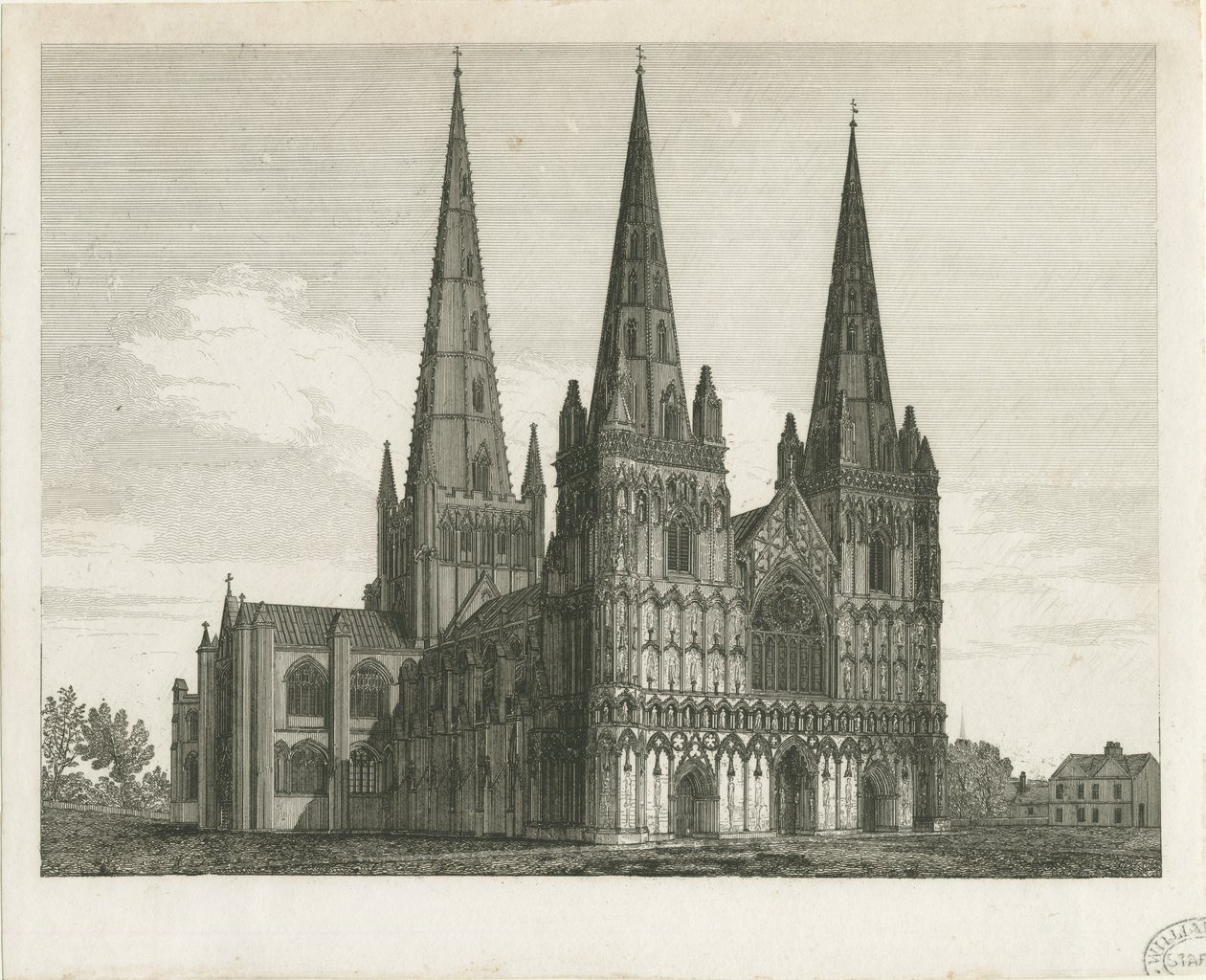 Lichfield Kathedraal - West Front (gravure) door John Chessell Buckler