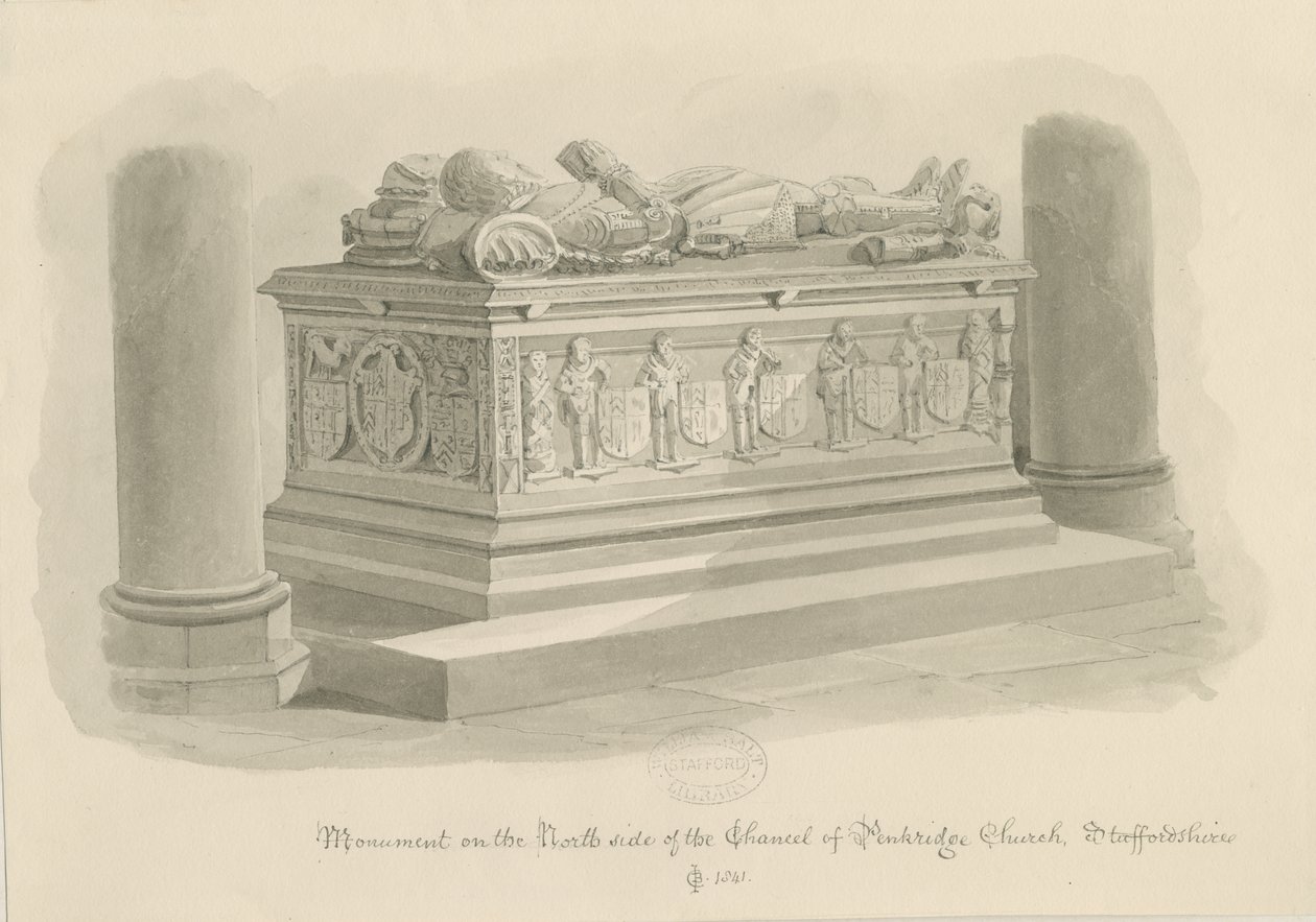 Penkridge Church - Graf van [Sir Edward Littleton]: sepia tekening door John Chessell Buckler