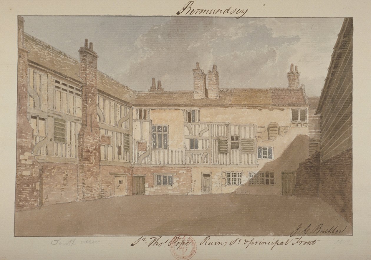 Zuidelijk aanzicht van de ruïnes van Bermondsey House, 1827 door John Chessell Buckler