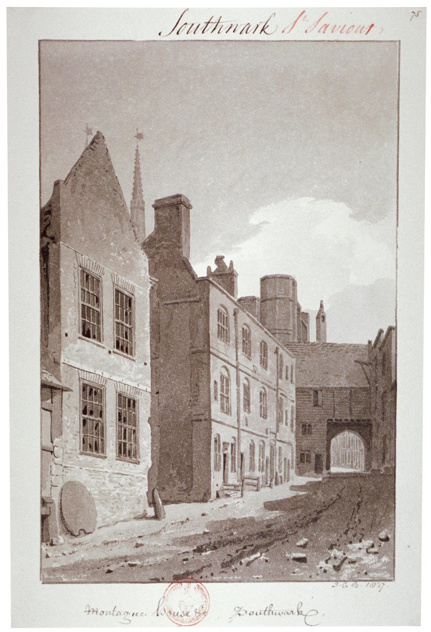 Uitzicht richting de poort van Montague House, Southwark, Londen, 1827 door John Chessell Buckler