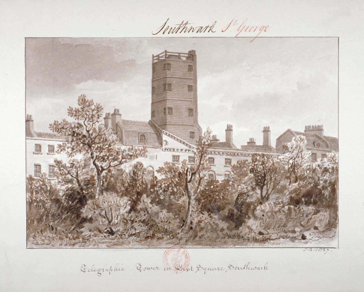Uitzicht op telegrafische toren in West Square, Southwark, Londen door John Chessell Buckler