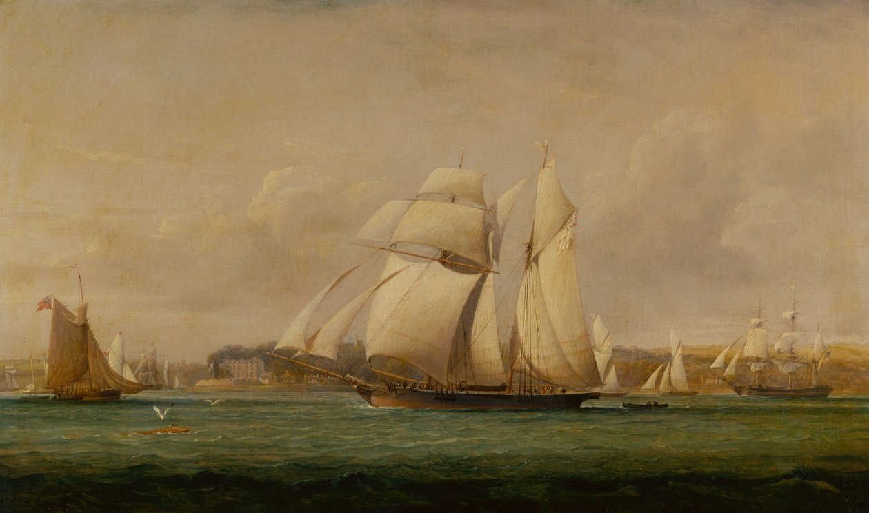 Een Topzeilschoener, Twee Royal Yacht Squadron Cutters en een Amerikaans Koopvaardijschip door John Christian Schetky