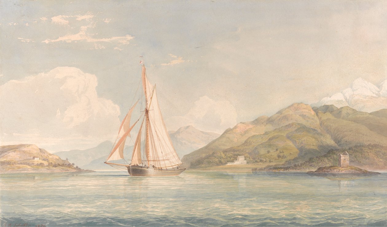 Boot die naar Links vaart met Bergen op de Achtergrond door John Christian Schetky