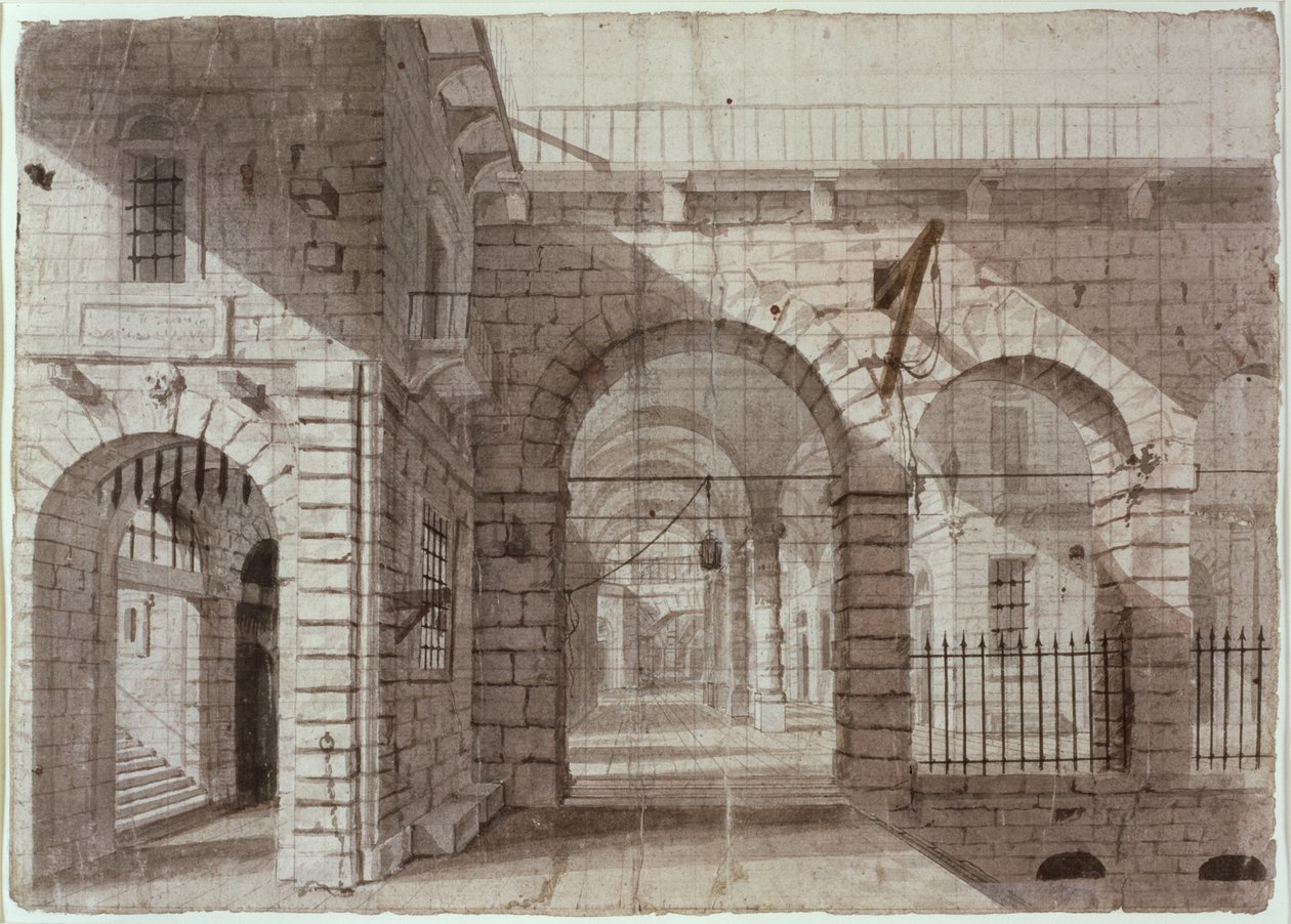 Binnenplaats van de Newgate Gevangenis door John Claude Nattes
