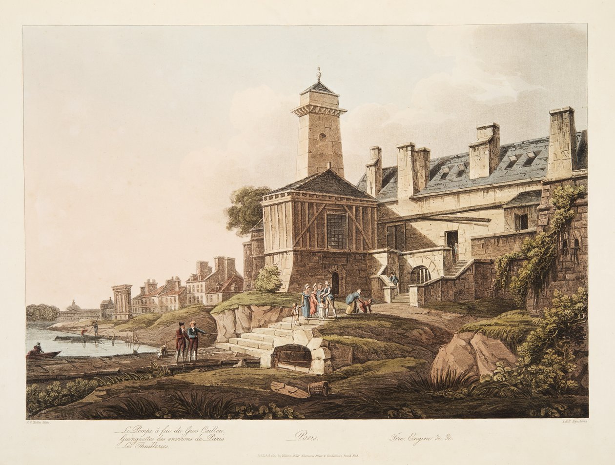 Parijs, brandweerwagen, illustratie uit Versailles, Parijs en Saint Denis, uitgegeven 1809 door John Claude Nattes