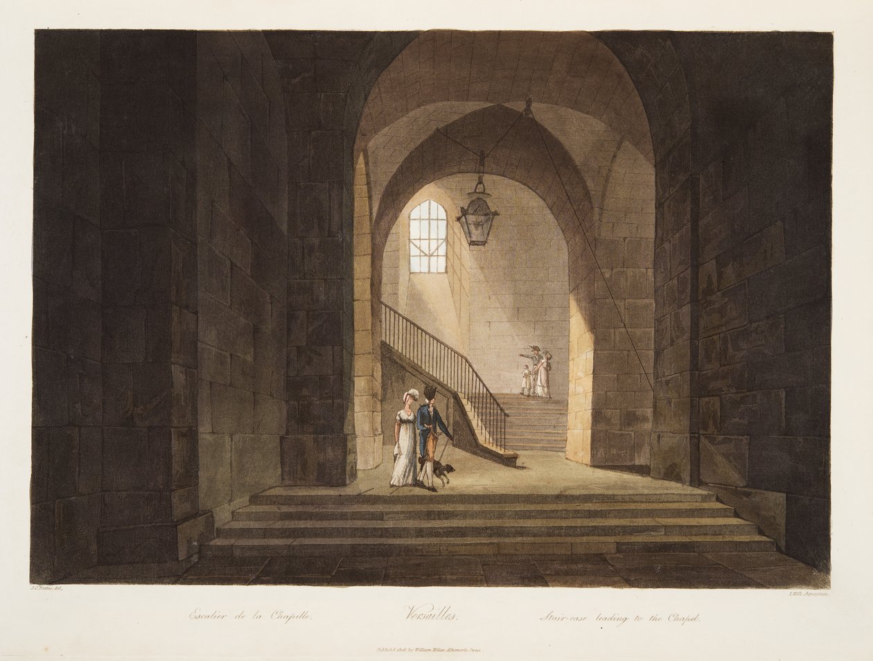 Trap naar de kapel, illustratie uit Versailles, Parijs en Saint Denis, uitgegeven 1806 door John Claude Nattes