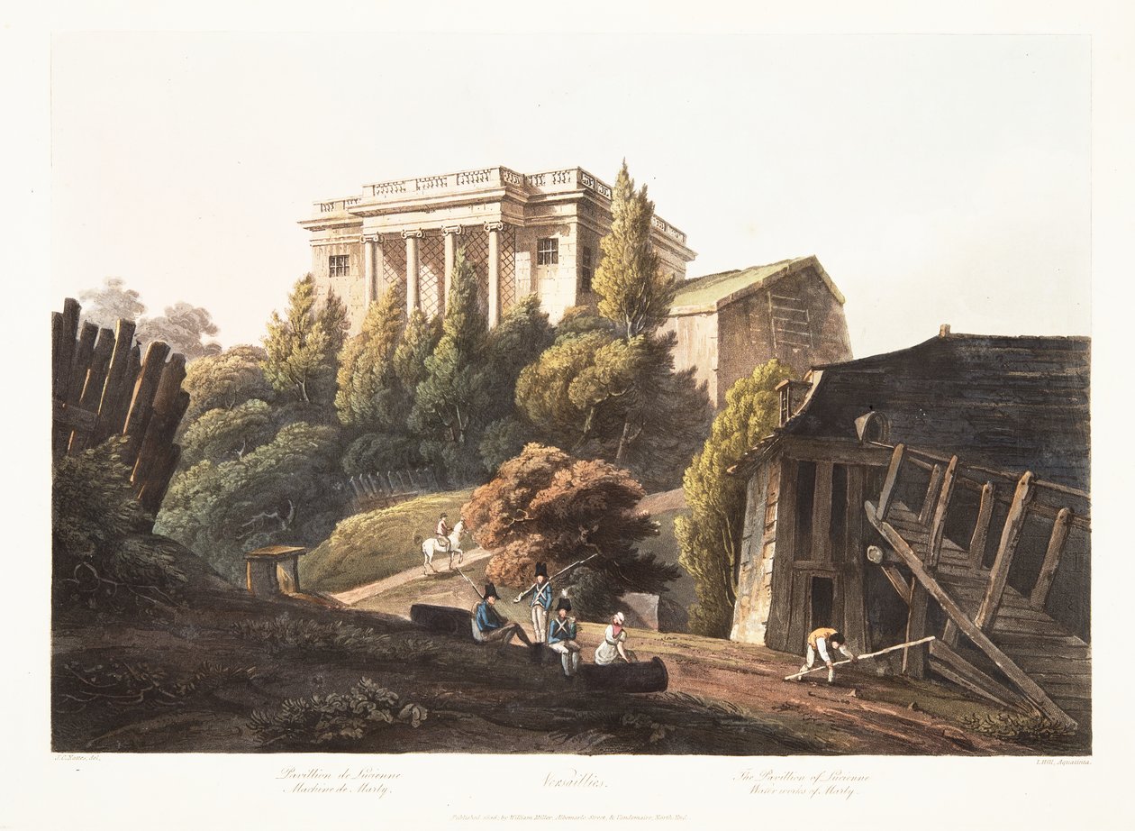 Versailles, het paviljoen van Lucienne, waterwerken van Marly, illustratie uit Versailles, Parijs en Saint Denis, uitgegeven 1806 door John Claude Nattes