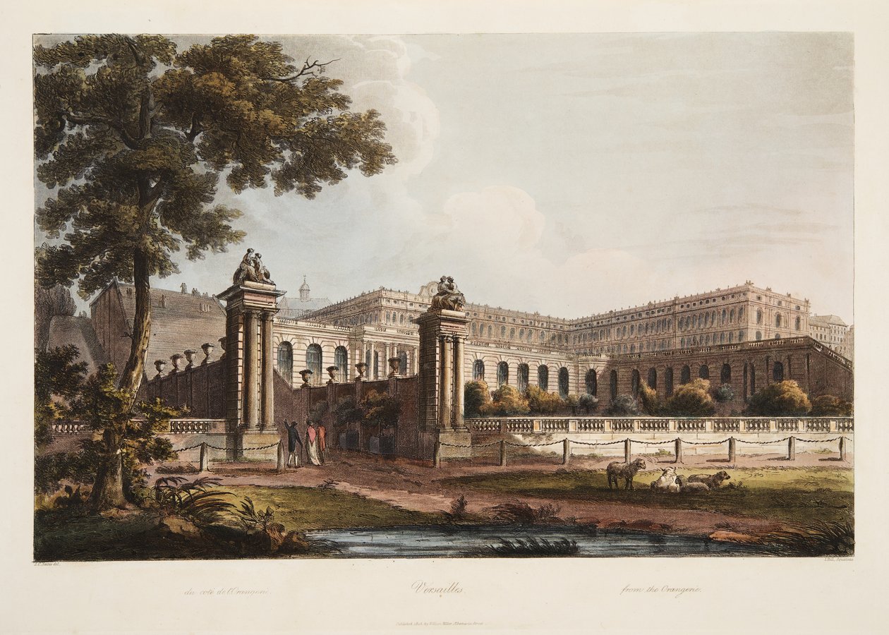 Versailles vanuit de Orangerie, illustratie uit Versailles, Parijs en Saint Denis, uitgegeven 1805 door John Claude Nattes