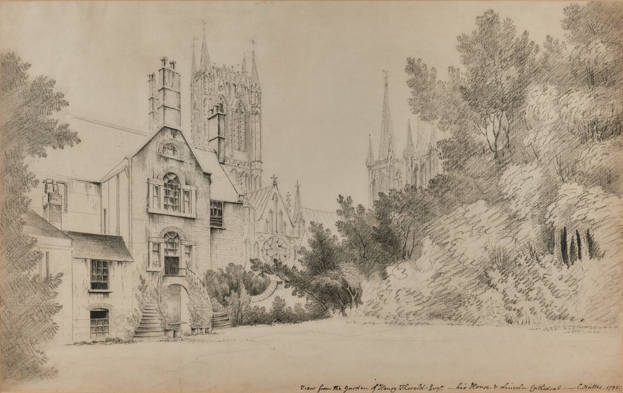 Uitzicht vanuit de tuin van Henry Thorold, Esq., zijn huis & Lincoln Kathedraal door John Claude Nattes