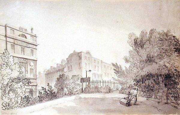 Uitzicht op Fitzroy Square met Twee Figuren die een Tuinwals trekken, c.1808 door John Claude Nattes