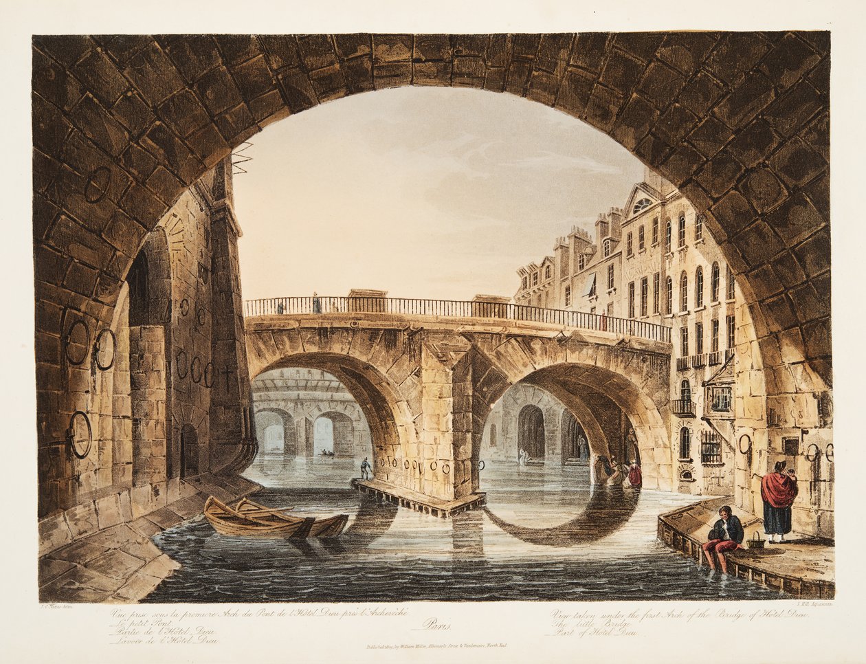 Uitzicht genomen van onder de eerste boog van de brug van het Hotel Dieu, de Kleine Brug, deel van Hotel Dieu, illustratie uit Versailles, Parijs en Saint Denis, uitgegeven 1809 door John Claude Nattes