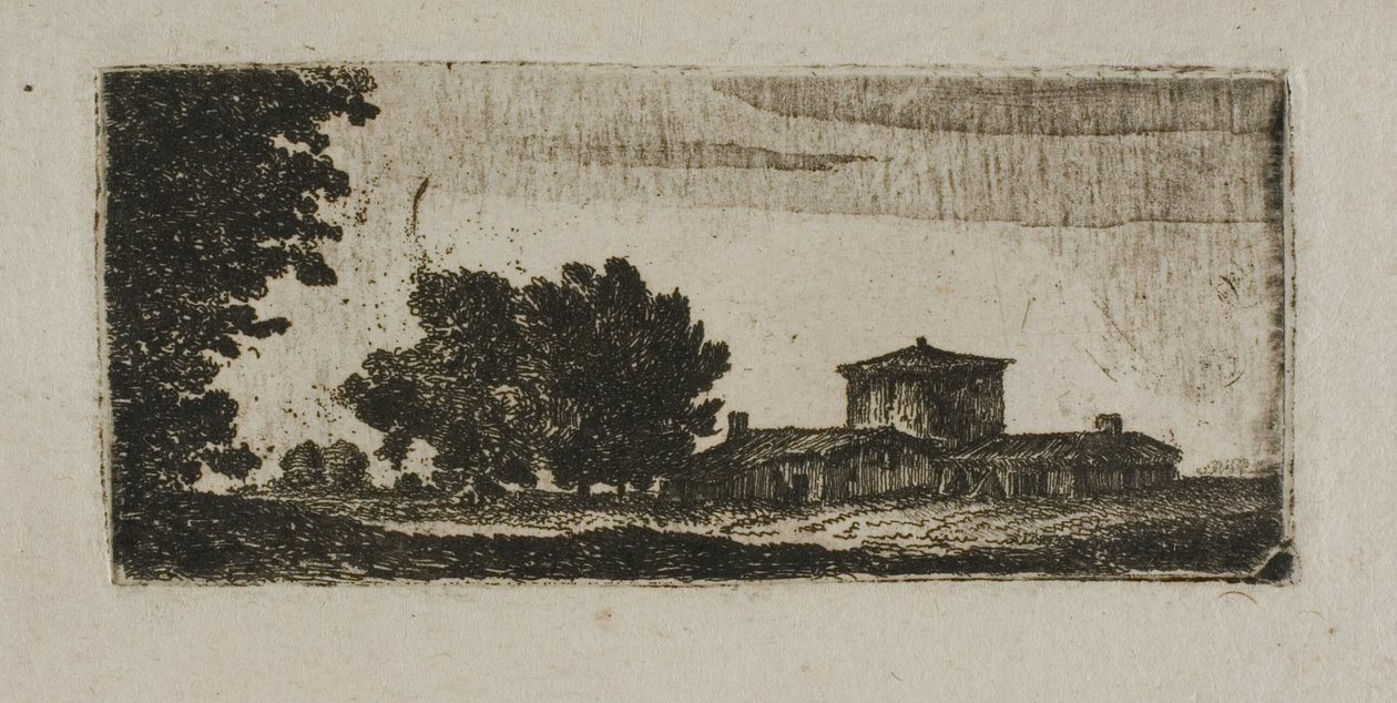 Bomen en gebouwen met lage toren door John Clerk of Eldin