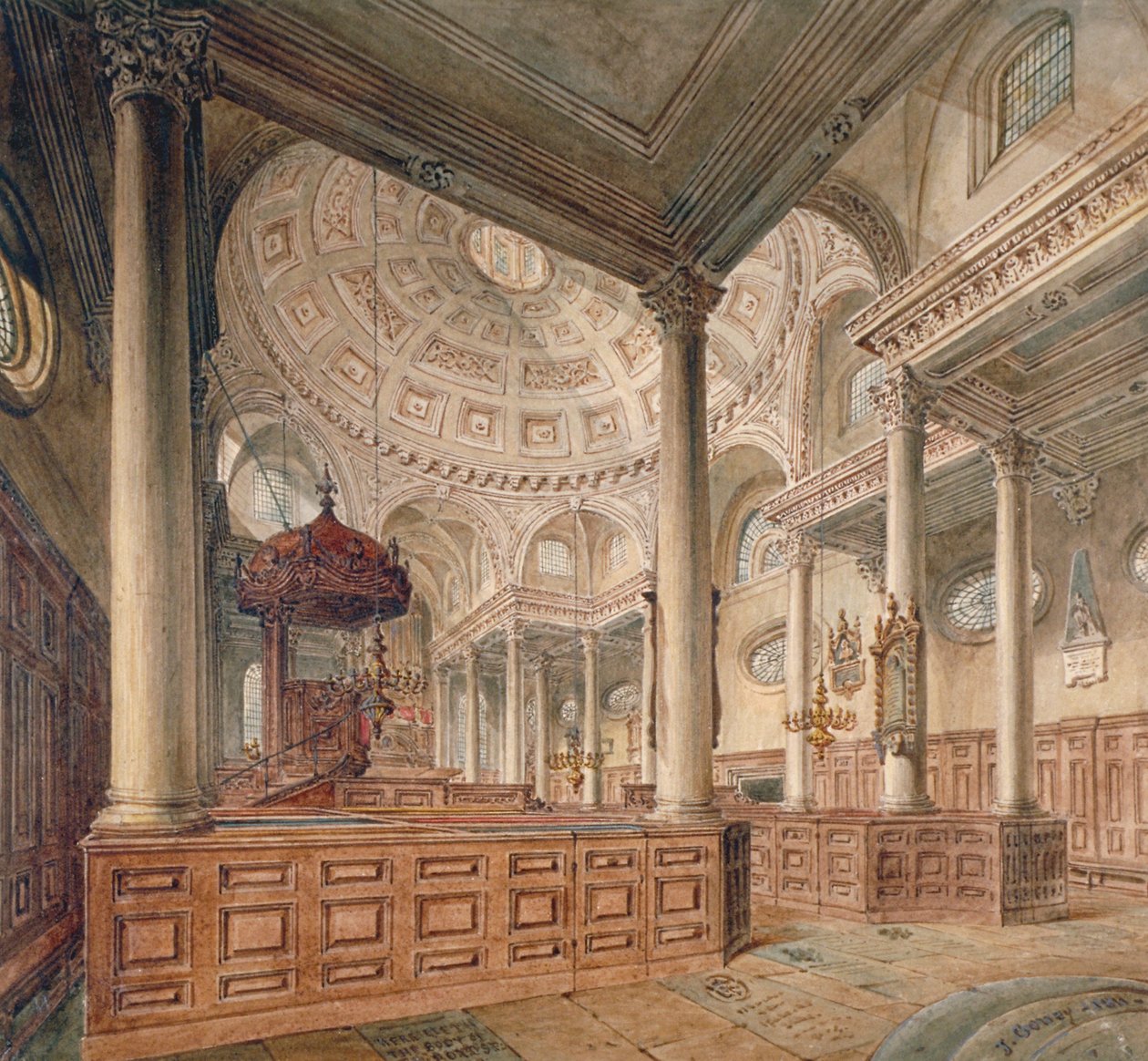 Interieur van de kerk van St. Stephen Walbrook, City of London, 1811 door John Coney