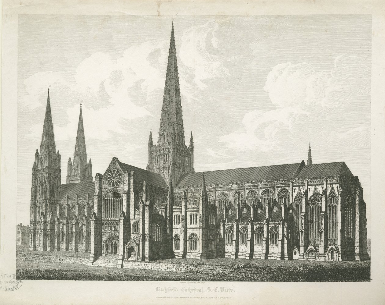 Lichfield Cathedral - Zuidoostaanzicht (gravure) door John Coney