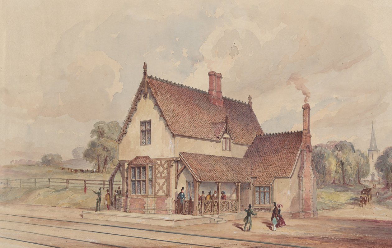 Victoriaans Landelijk Treinstation en Spoorwegovergang, 1844-77 door John Connell Ogle