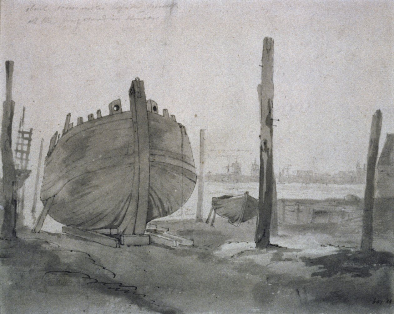 Een rivierscène met schip bij zonsondergang door John Constable