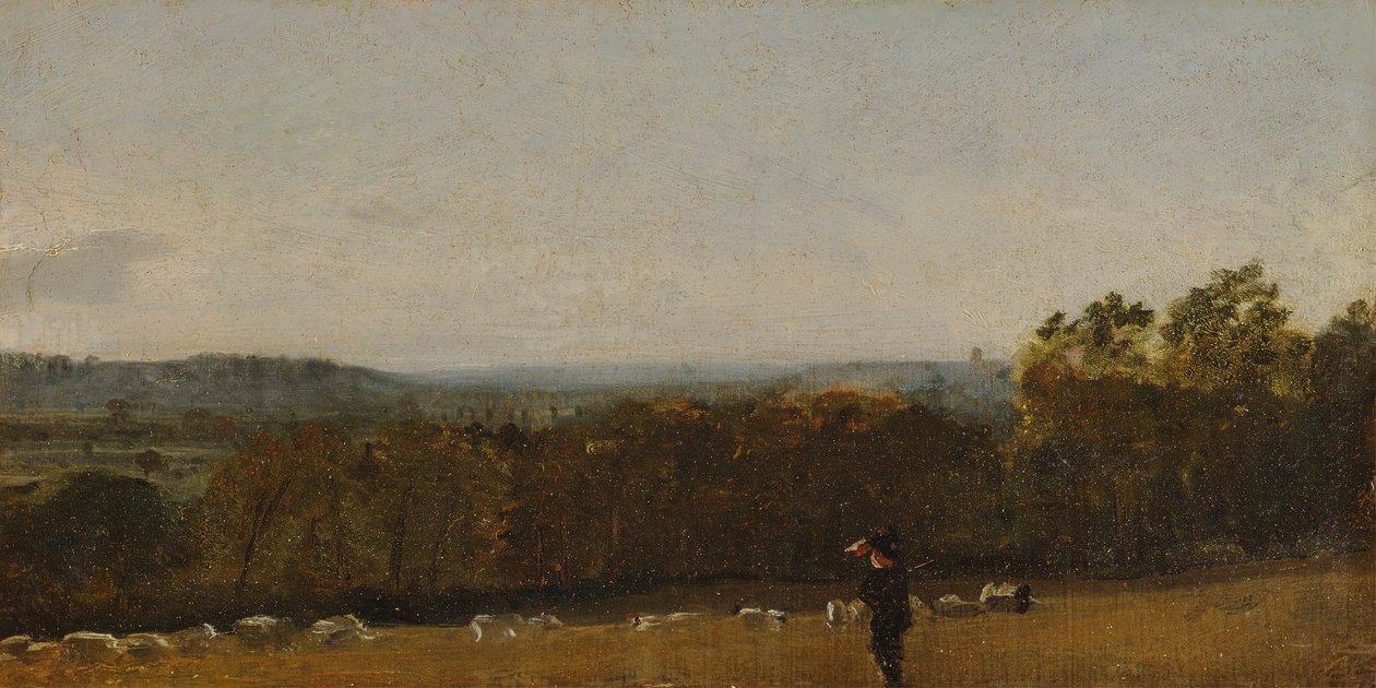 Een herder in een landschap kijkend over Dedham Vale richting Langham, ca. 1811 door John Constable