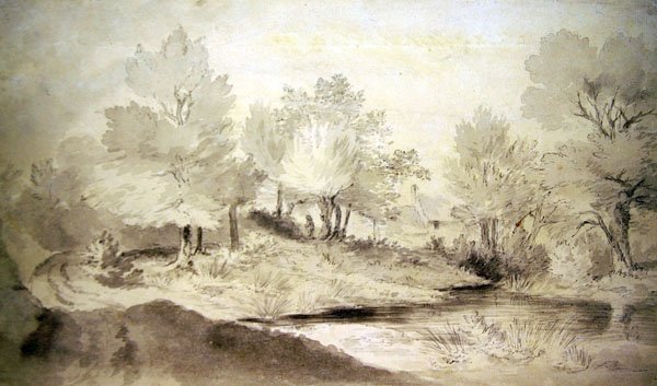Een vijver in Suffolk, met huisjes in de verte door John Constable