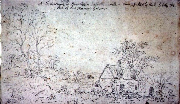 Huisje in Brantham, met uitzicht op Mistley Hall door John Constable