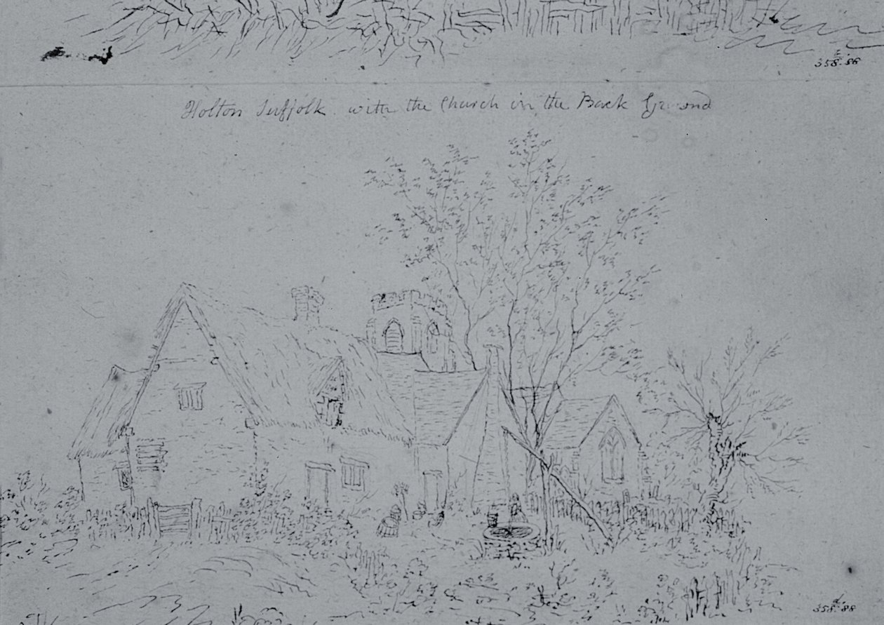 Cottage in Holton met de kerk op de achtergrond door John Constable