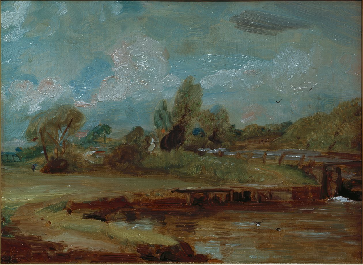 De sluis van Flatford, gezien vanaf een pad aan de rivier door John Constable
