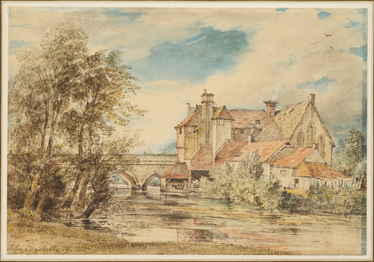 Oude huizen op Harnam Bridge, Salisbury, met het oude ziekenhuis van Sint-Nicolaas door John Constable