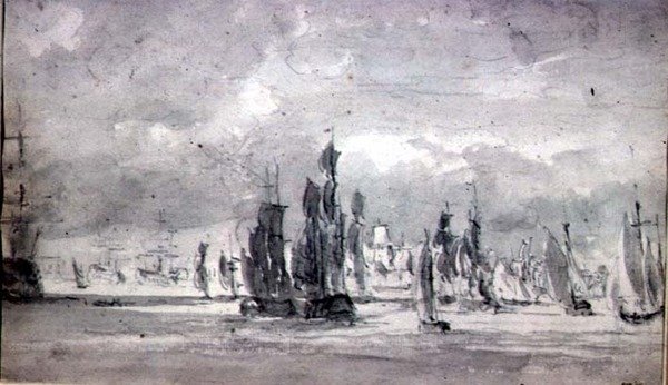 Schepen onder een bewolkte hemel in de Theems door John Constable
