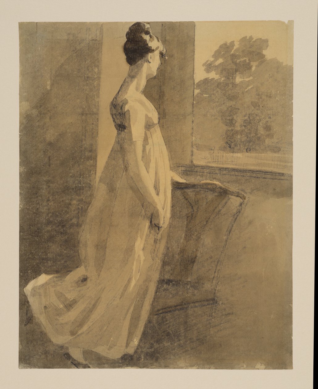 Vrouw rustend tegen een stoel en kijkend door een raam, recto, ca. 1806 door John Constable