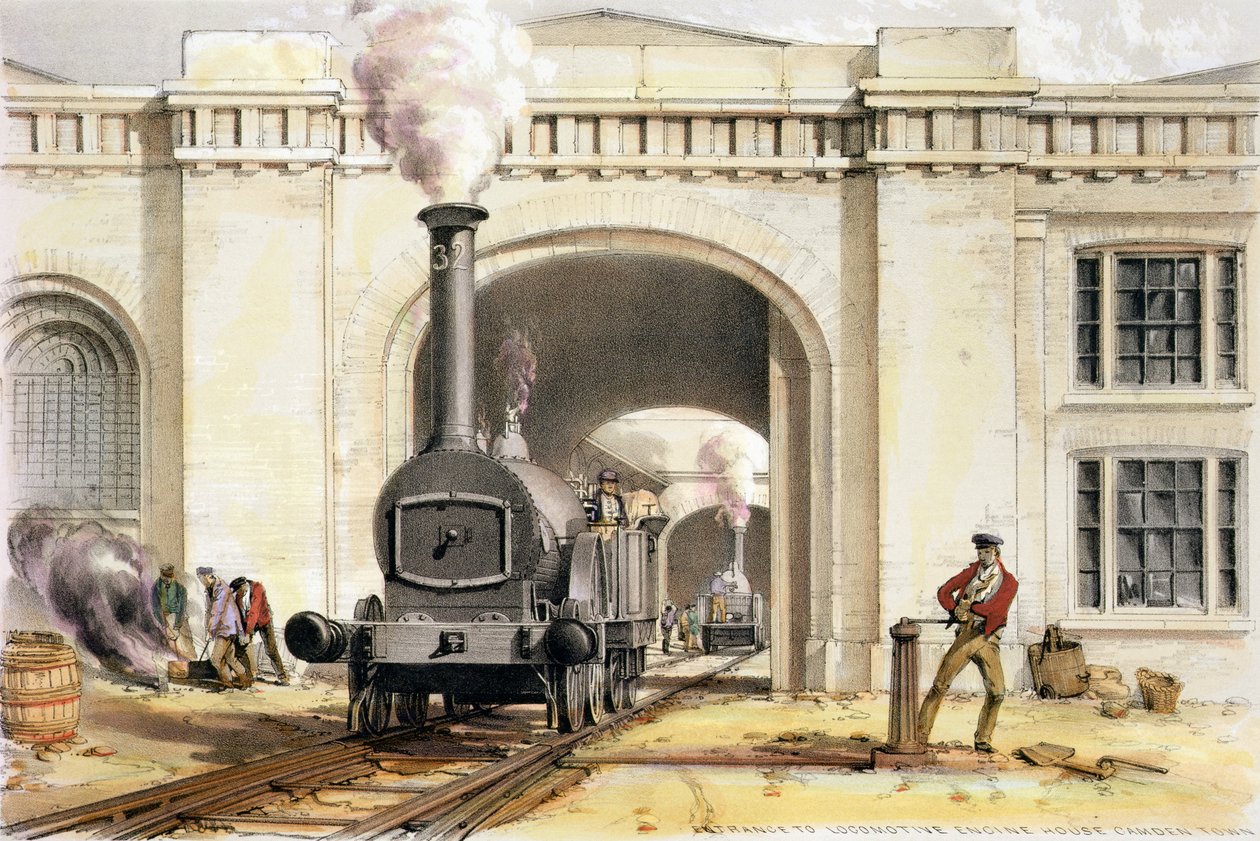 Ingang naar het Locomotiefhuis, Camden Town, gegraveerd door de kunstenaar, 1839 door John Cooke Bourne