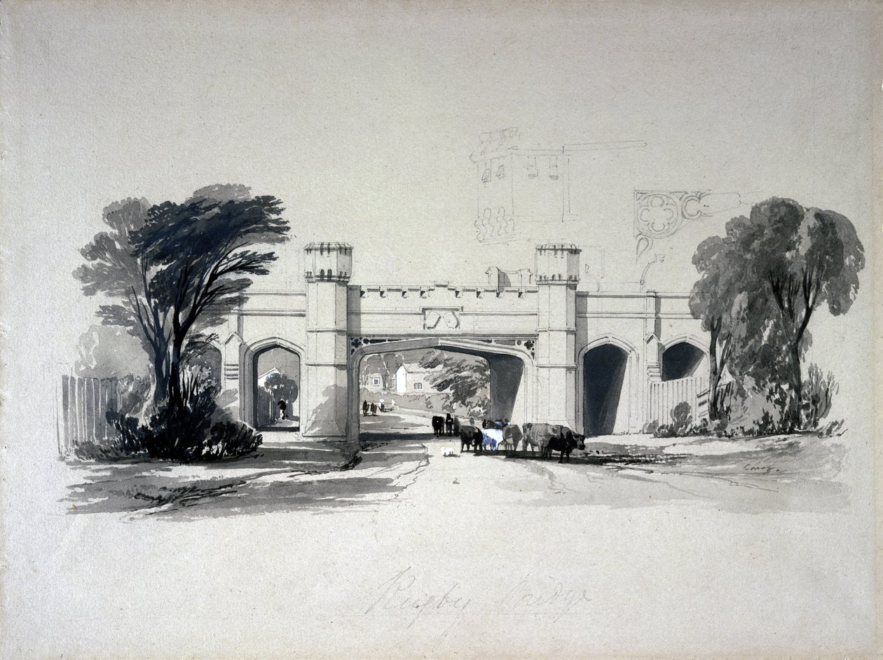 Rugby spoorbruggen gezien vanaf de weg, Warwickshire, april 1839 door John Cooke Bourne