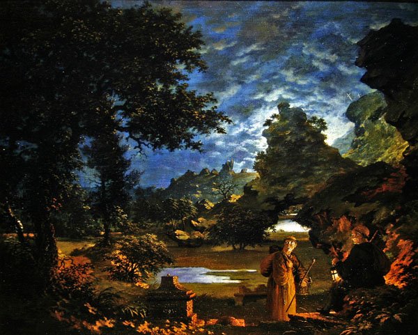 Monniken met een lantaarn in een rotsachtig maanverlicht landschap door John Cranch