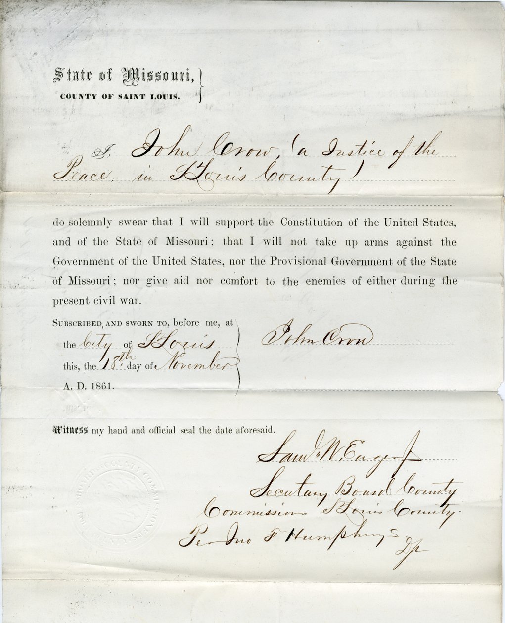 Loyaliteitseed van John Crow uit Missouri, County of St. Louis door John Crow