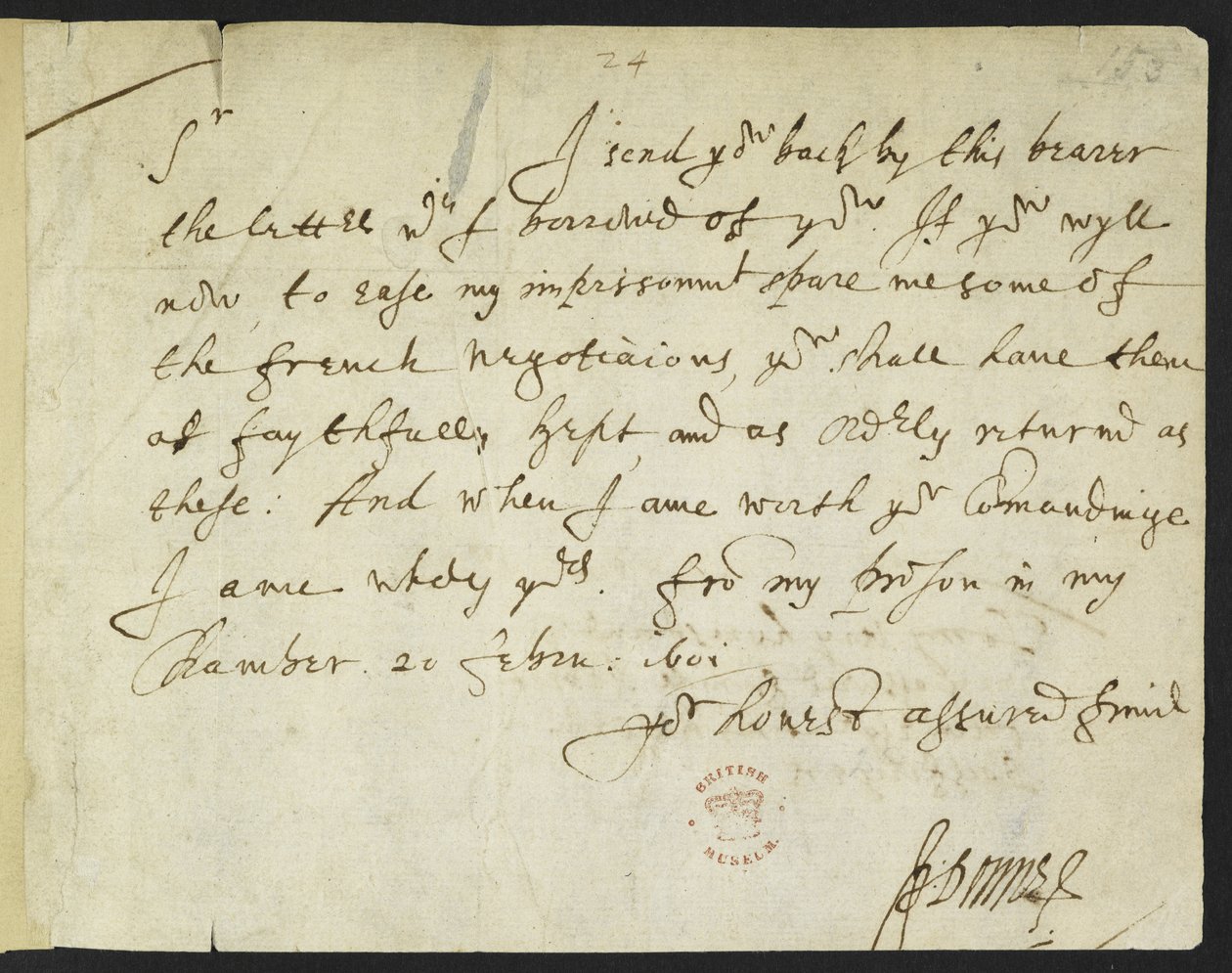 Autograaf brief van John Donne aan Sir Robert Cotton, geschreven vanuit de gevangenis, 20 februari 1601 door John Donne