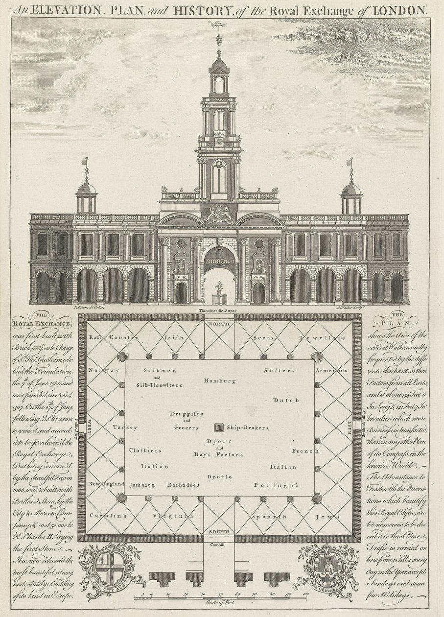 Een Elevatie, Plan en Geschiedenis van de Royal Exchange van Londen door John Donowell