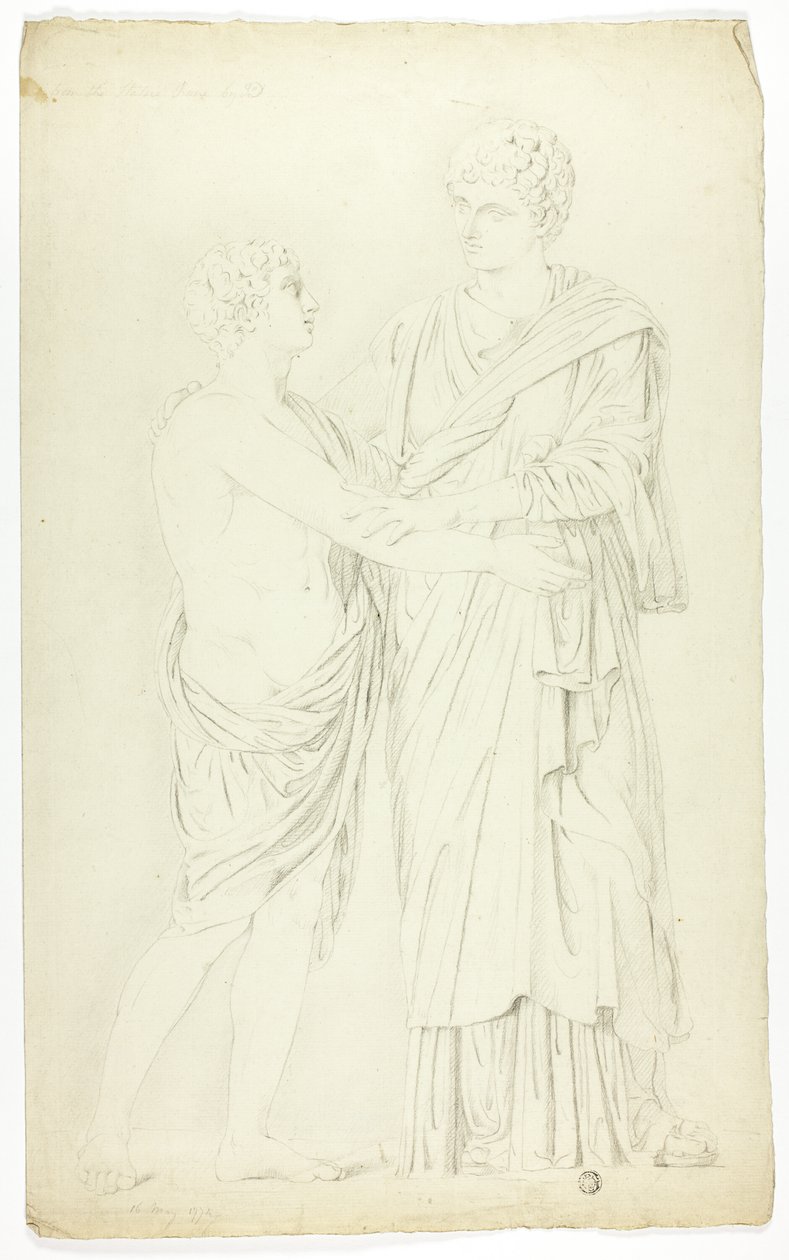 Oude sculptuur van staande vrouw en jongen door John Downman