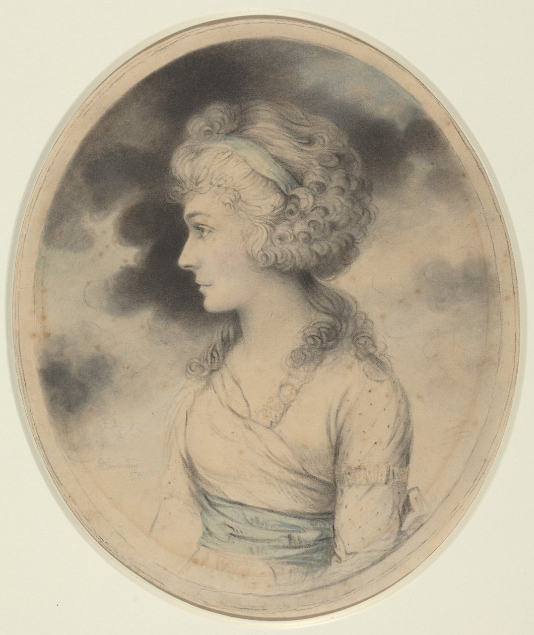 Portret van een vrouw met een blauwe sjerp door John Downman