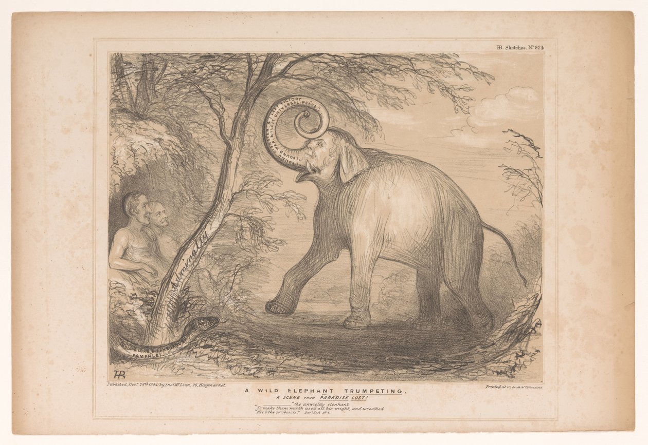 Spotprent met Lord Ellenborough als een wilde olifant door John Doyle