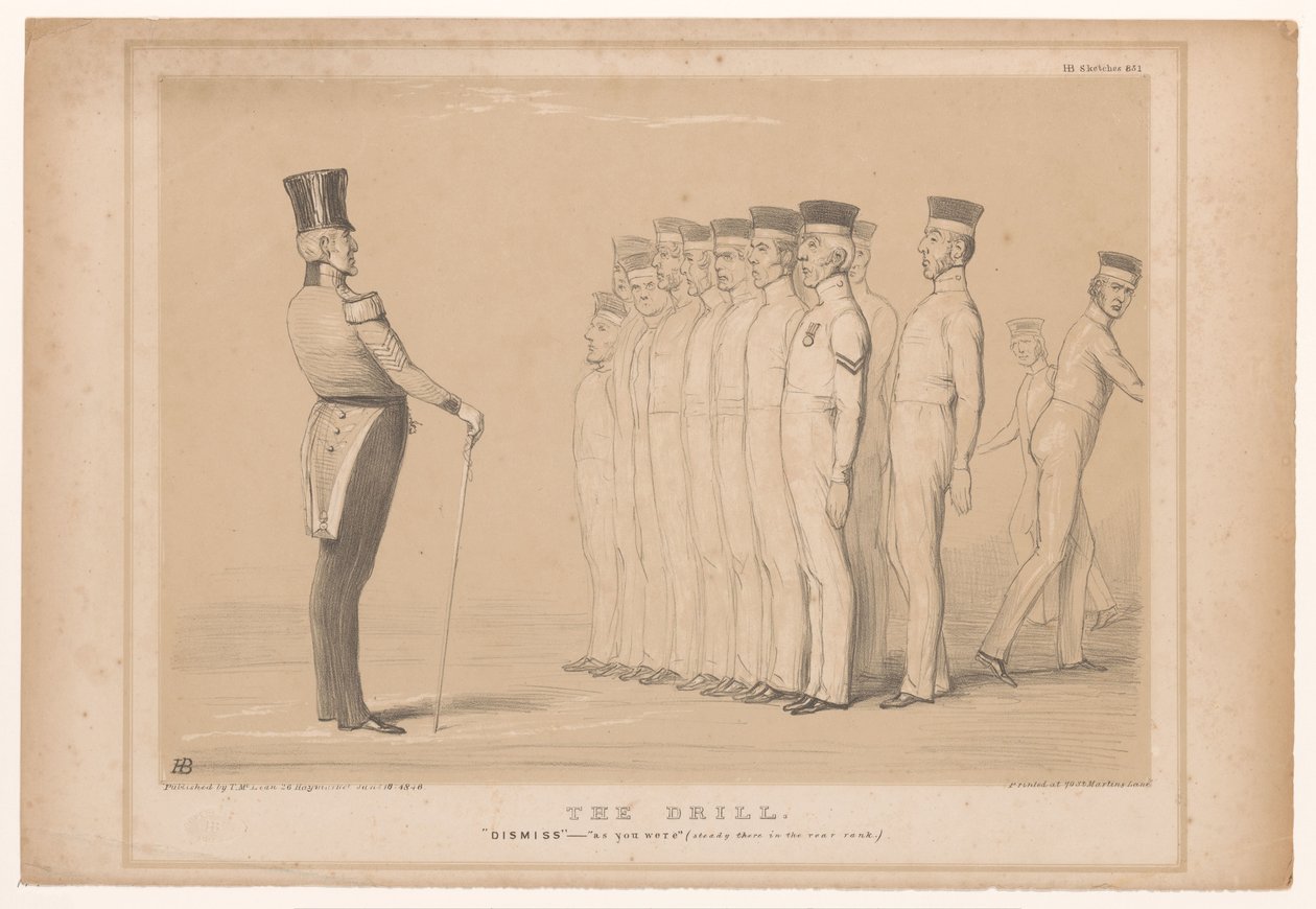 Spotprent met premier Peel als militaire instructeur door John Doyle