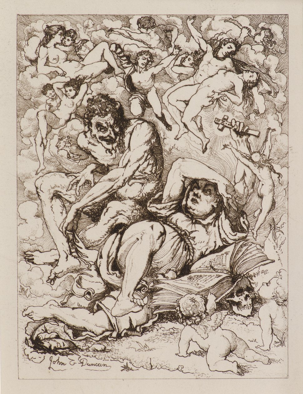 Liggende Figuur met Kruis, de Duivel Zittend nabij Omringd door Zwevende Figuren door John Duncan