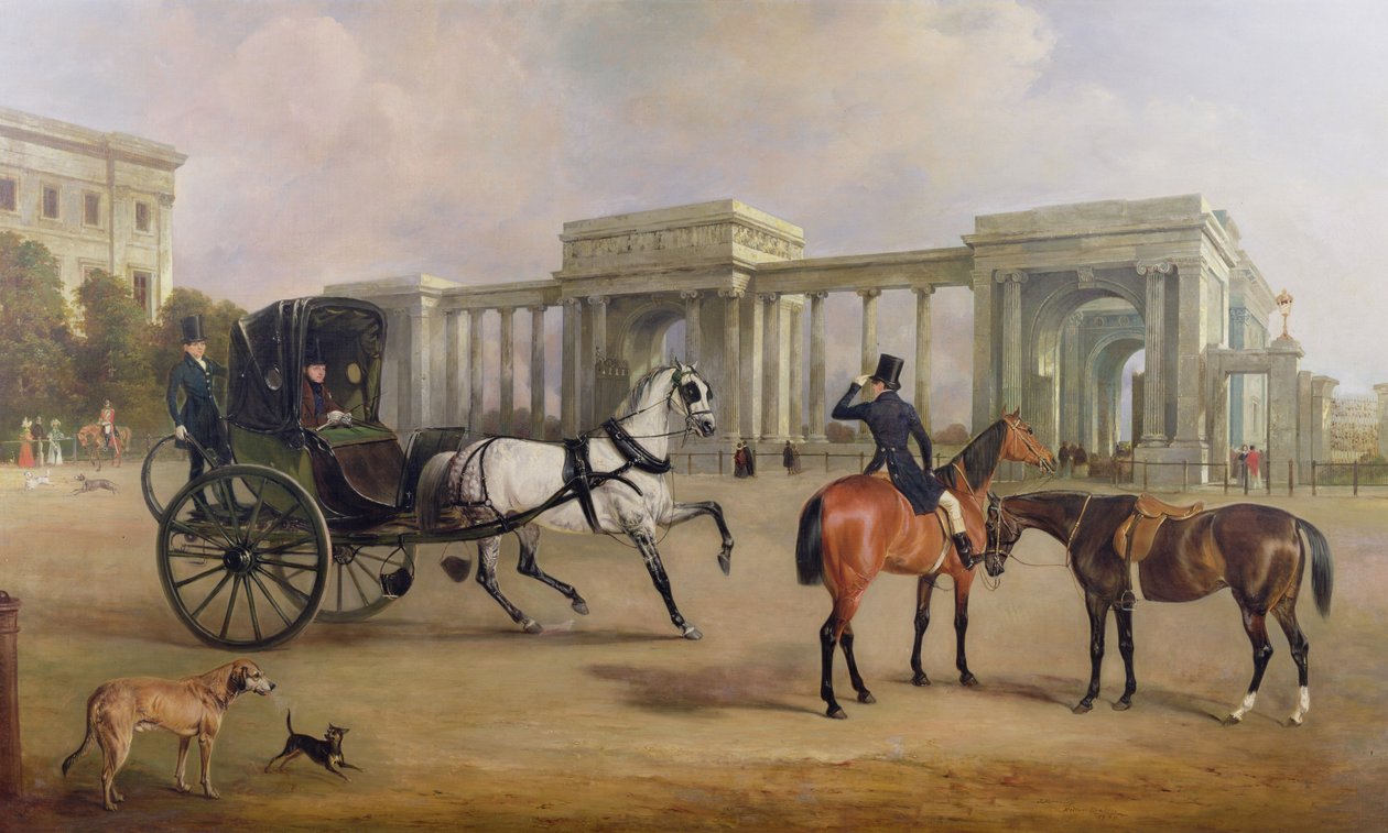 Mr. Massey Stanley met cabriolet en hacks bij Hyde Park Corner, 1833 door John E. Ferneley