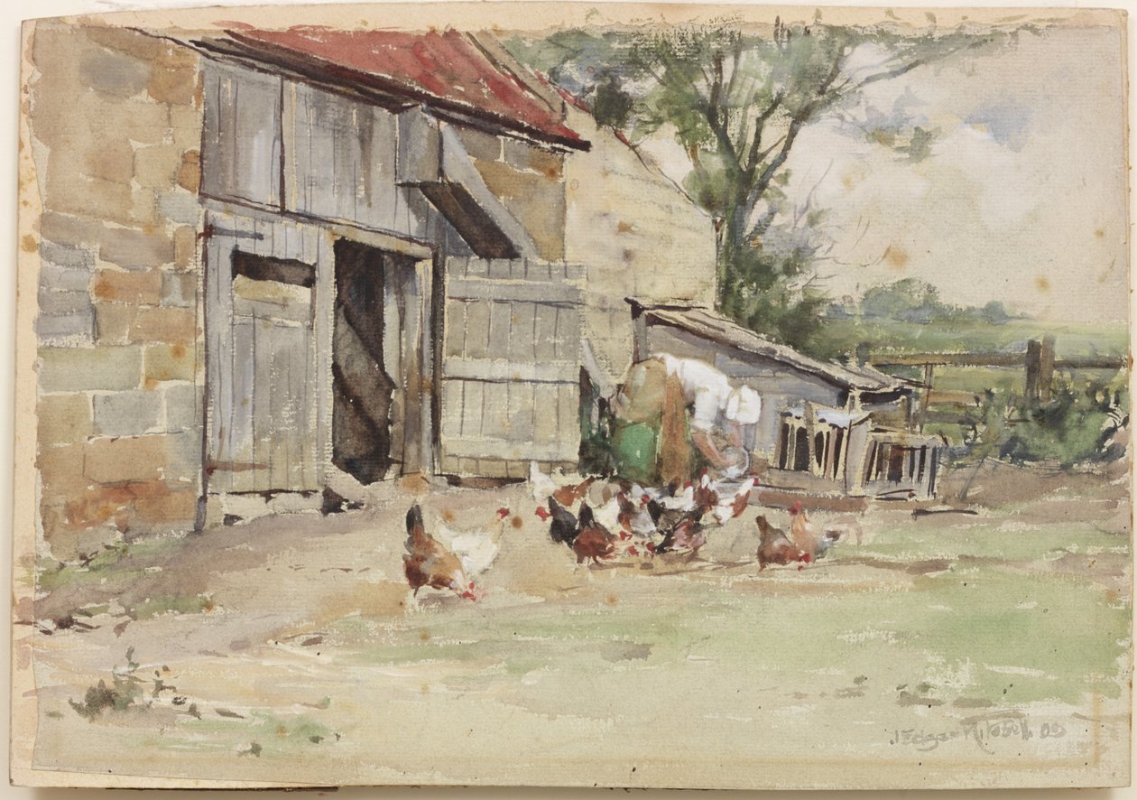 De kippen voeren, 1909 door John Edgar Mitchell