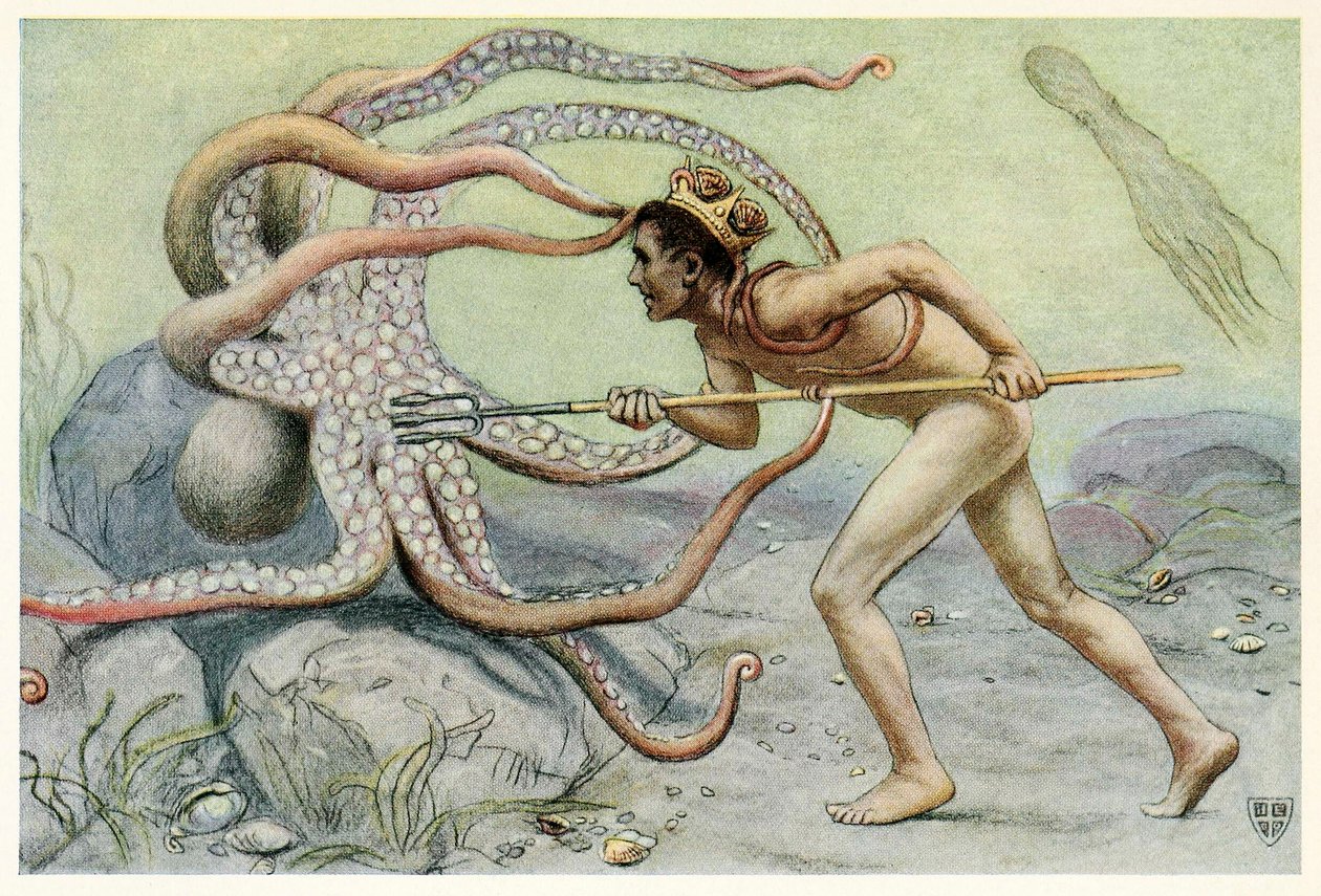 Hij was erg dapper en sterk, ... en vocht met de grote octopus uit Het Grote Zeepaard, 1909 door John Elliot