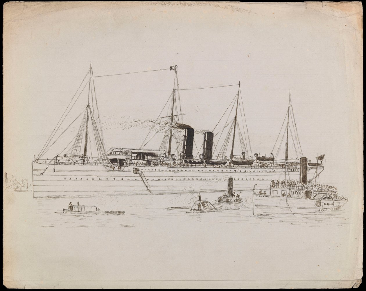 PAH1225; Stoomschip nabij een kust met sleepboot ernaast. Passagiersschip met sleepboot en raderstoomboot Tilbury in de buurt door John Everett