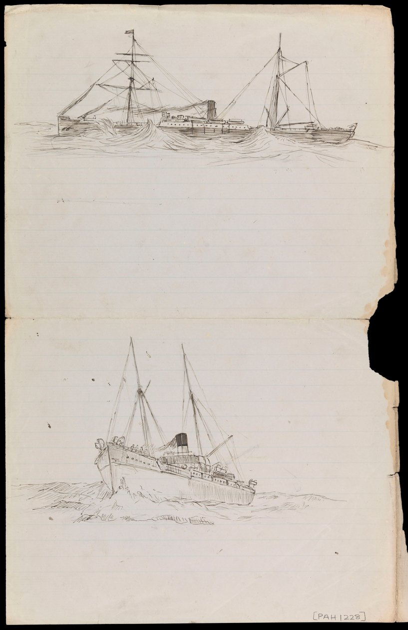 Schetsen van een slagschip en twee andere Royal Navy schepen door John Everett