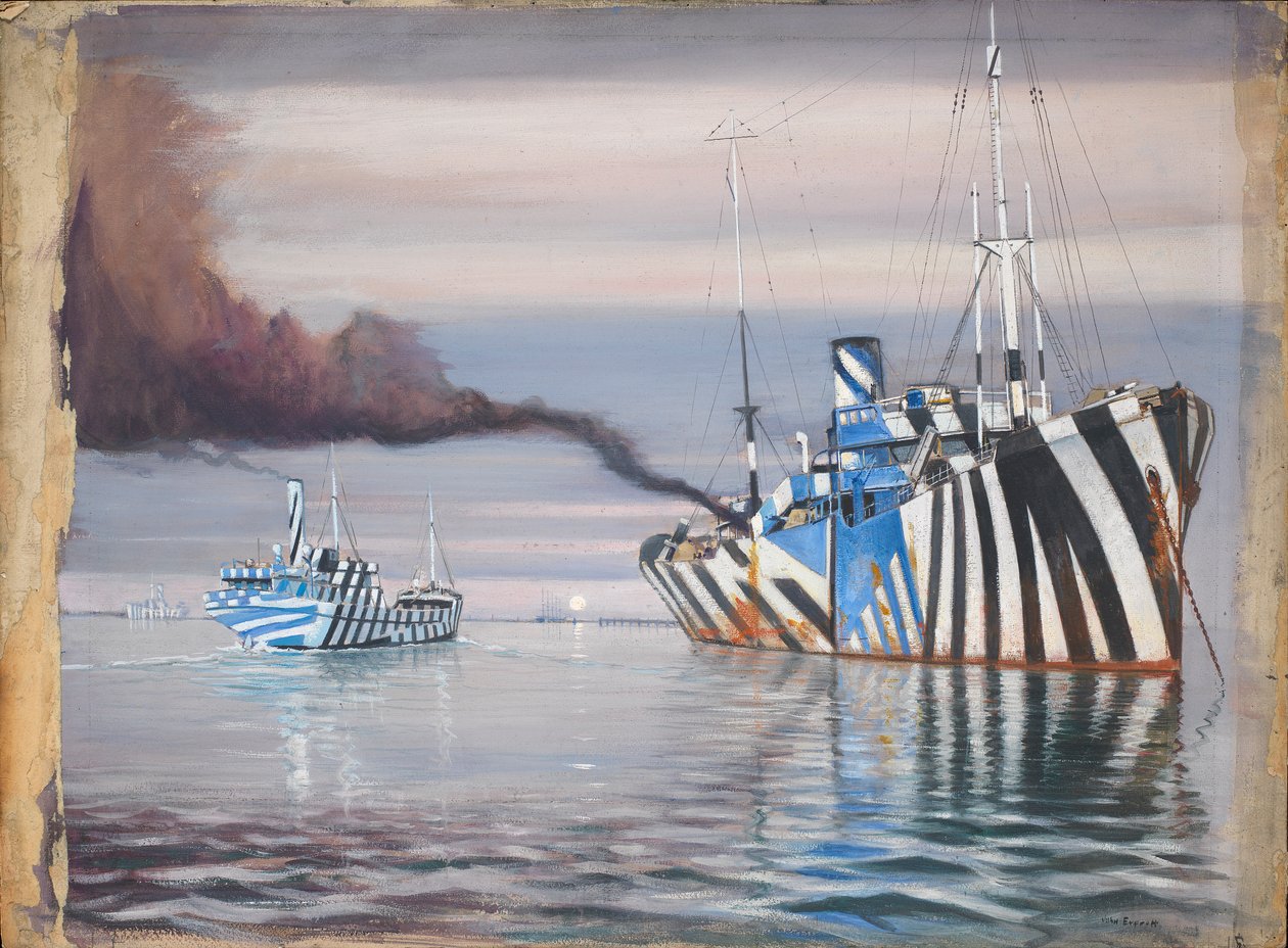 S.S. Lepanto en een ander stoomschip, beide in camouflage, voor anker in kalm water door John Everett