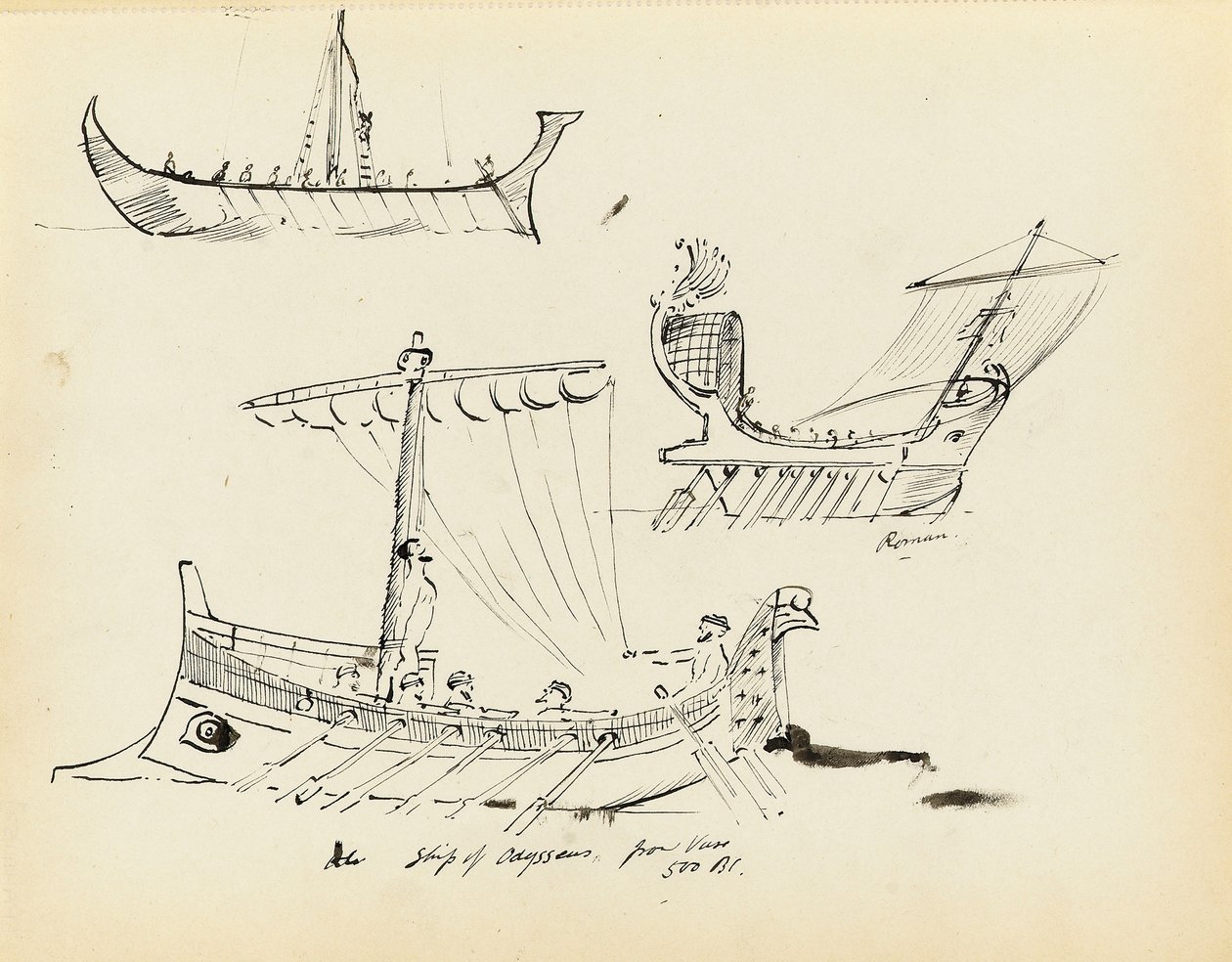 Schetsen van vroege schepen, waaronder een Romeins zeil- en roeivaartuig en schip van Odysseus, 500 v.Chr. door John Everett